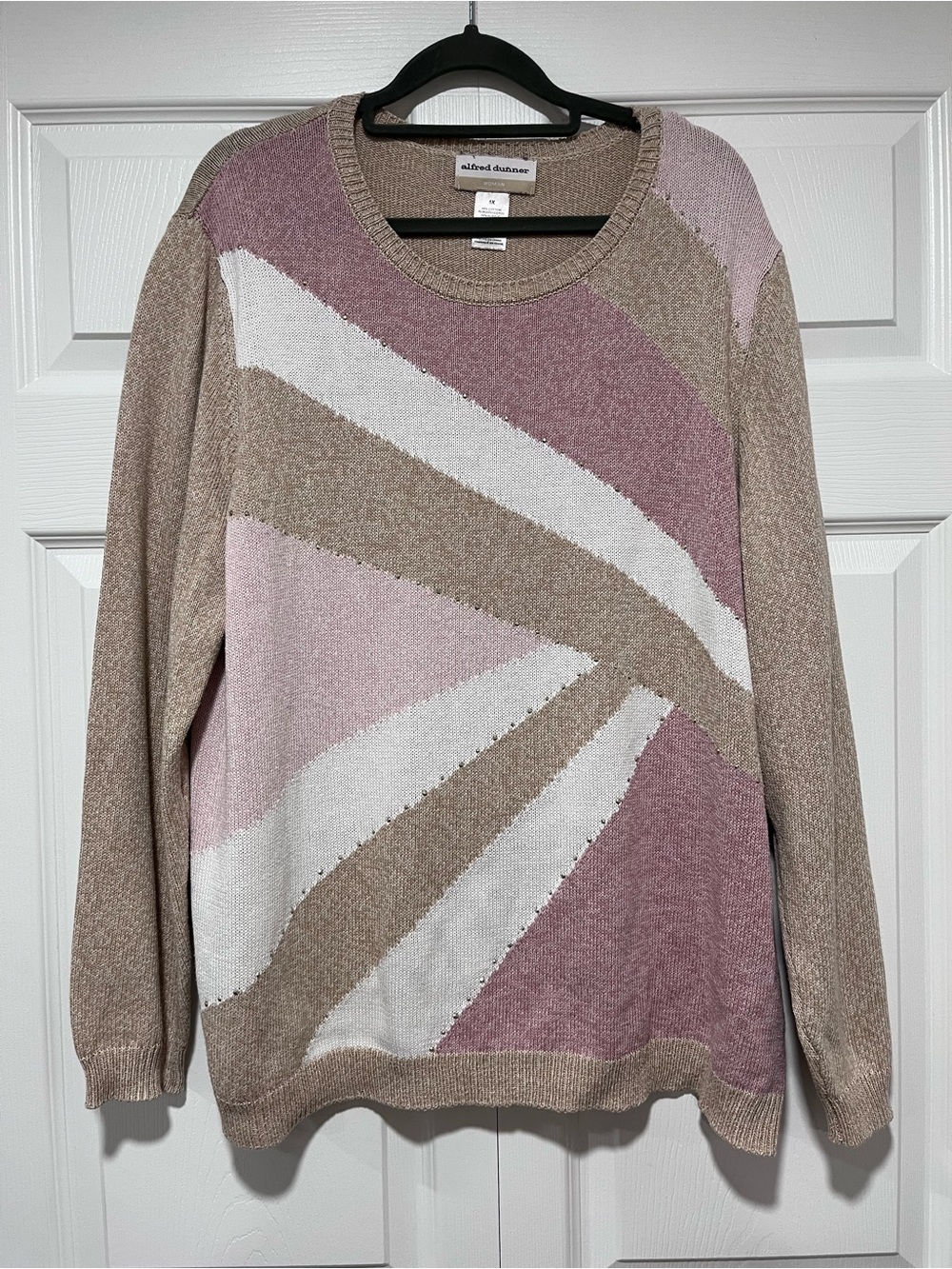 Alfred Dunner Pink, Cream & Tan Colorblock Crewneck Sweater